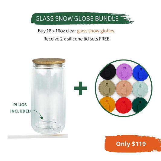 BUNDLE - 18 x 16oz Glass Sublimation Snow Globe + FREE 2 x sets Silicone Lid